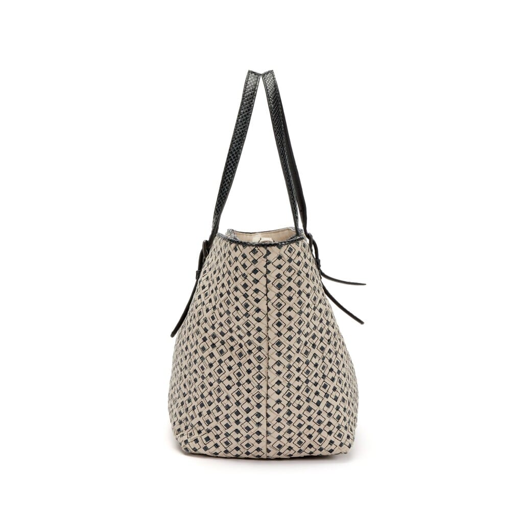 Black and Creme Printed Intrecciato Nappa Leather and Ayers Snakeskin Medium Tote Black Hardware