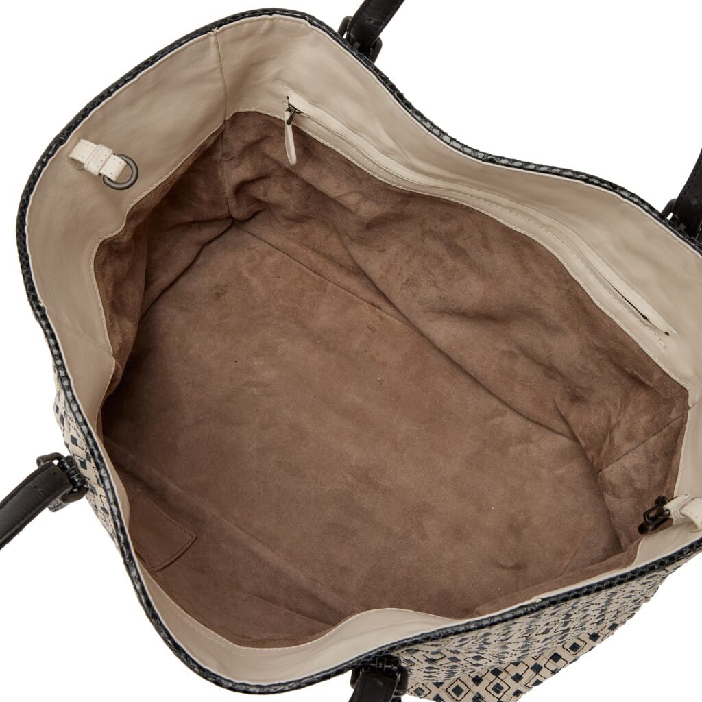 Black and Creme Printed Intrecciato Nappa Leather and Ayers Snakeskin Medium Tote Black Hardware