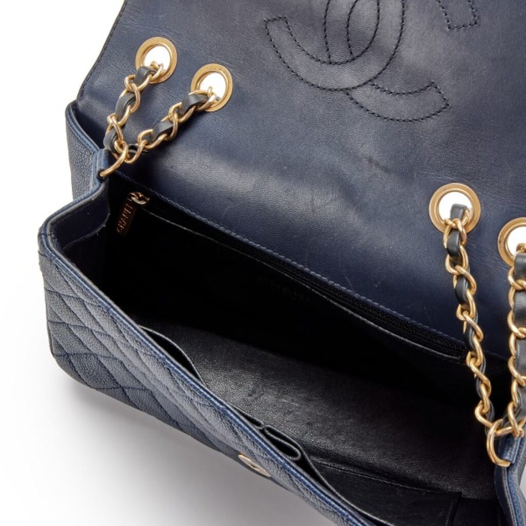 Navy Quilted Caviar and Black Lambskin Medium CC Filigree Flap Bag Gold Hardware, 2017