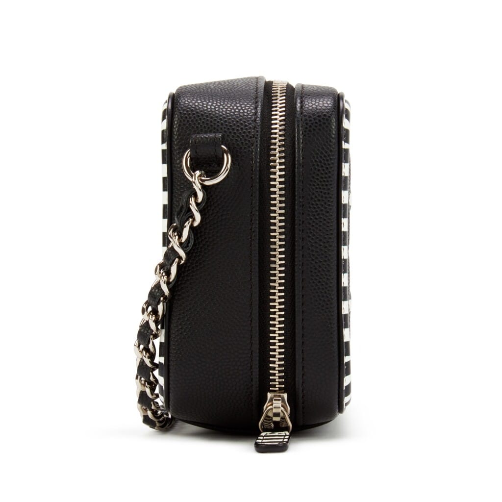 Black and White Quilted Grained Calfskin Mini Filigree Clutch with Chain Silver Hardware, 2019