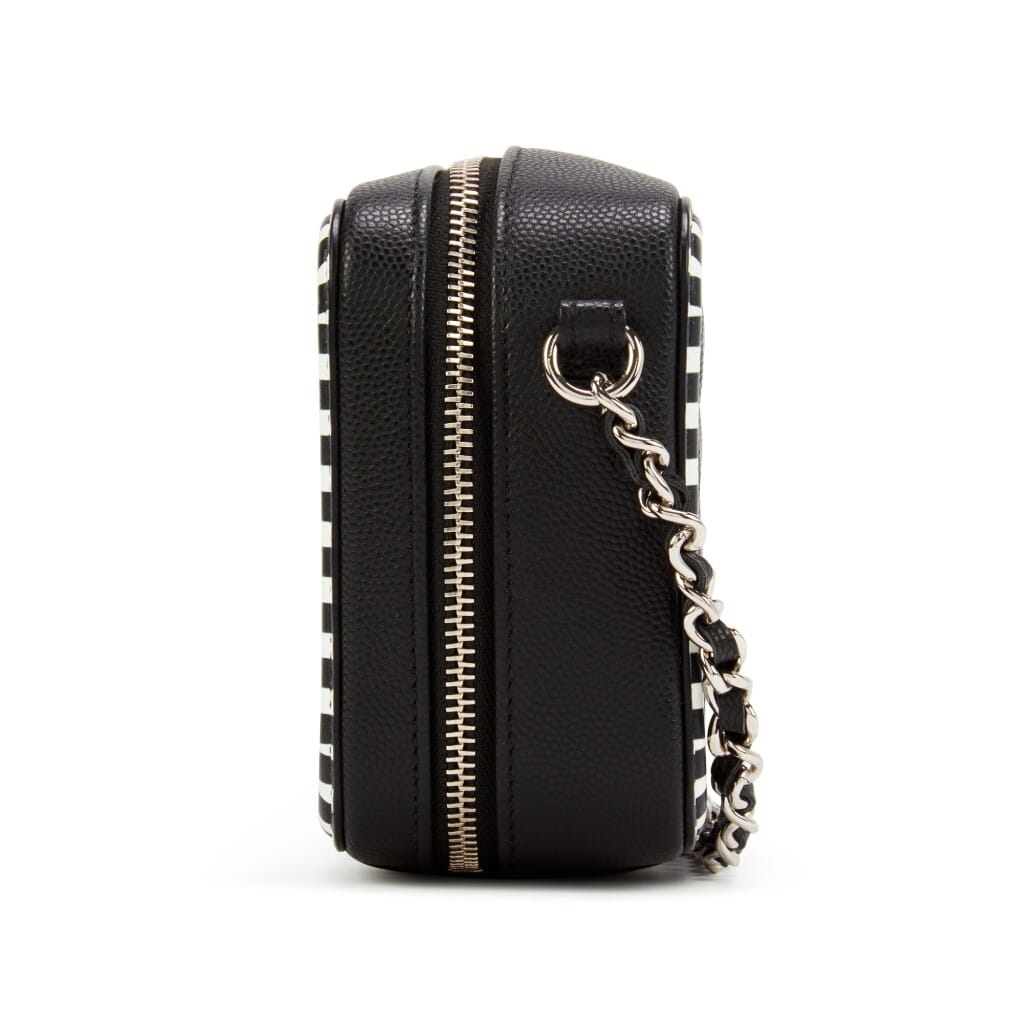Black and White Quilted Grained Calfskin Mini Filigree Clutch with Chain Silver Hardware, 2019