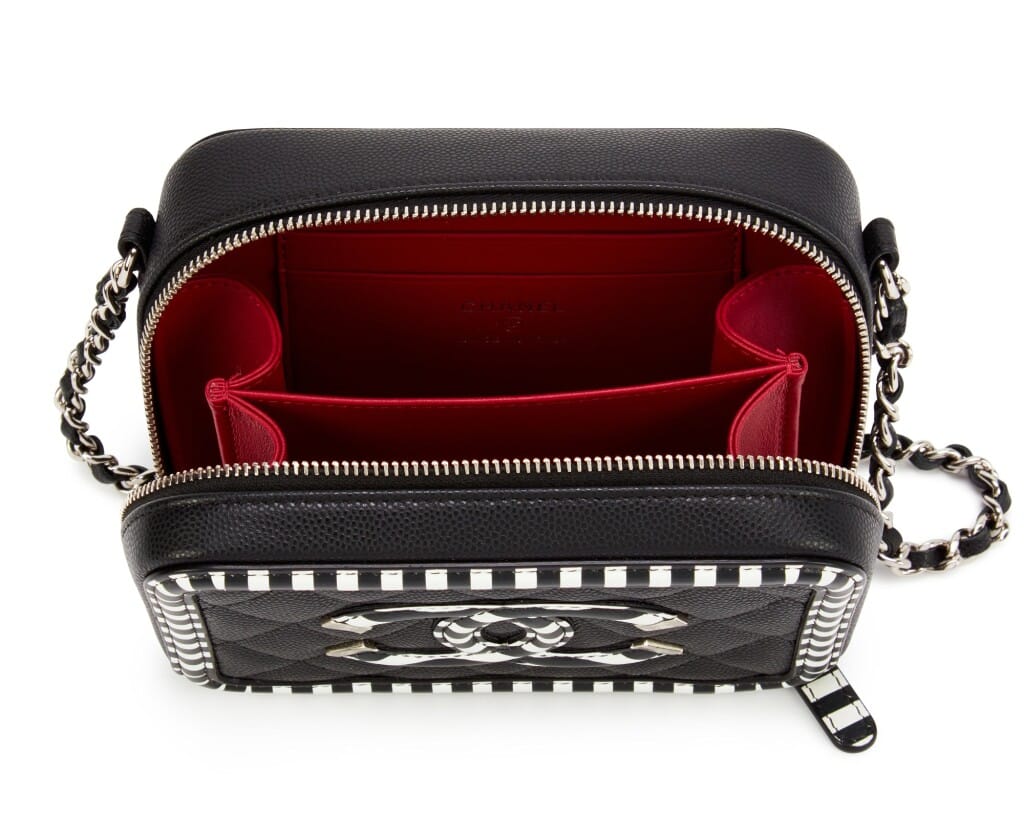 Black and White Quilted Grained Calfskin Mini Filigree Clutch with Chain Silver Hardware, 2019