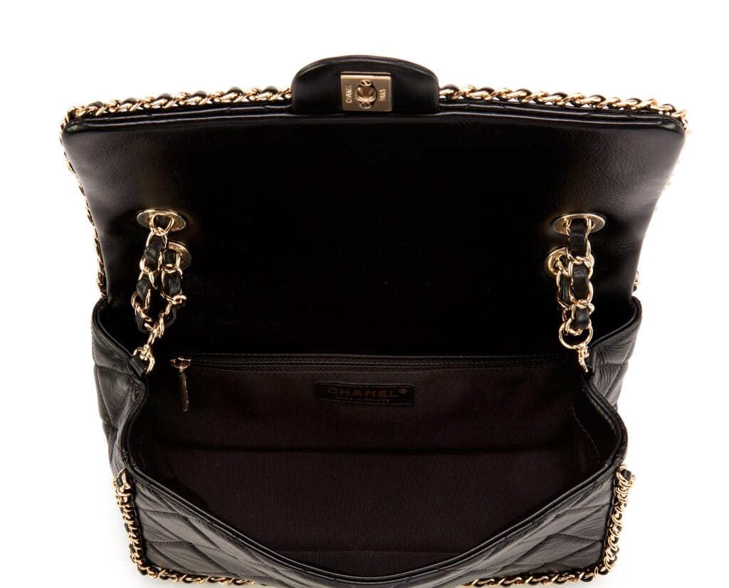 Black Quilted Aged Calfskin Medium Chain Around Single Flap Gold Hardware, 2020