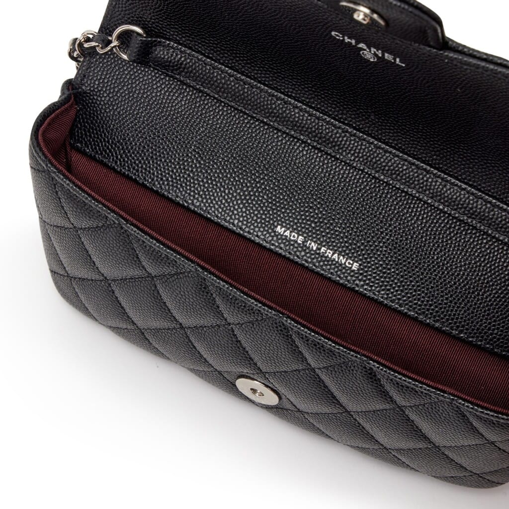 Black Quilted Caviar Glasses Case on Chain Silver Hardware, 2021