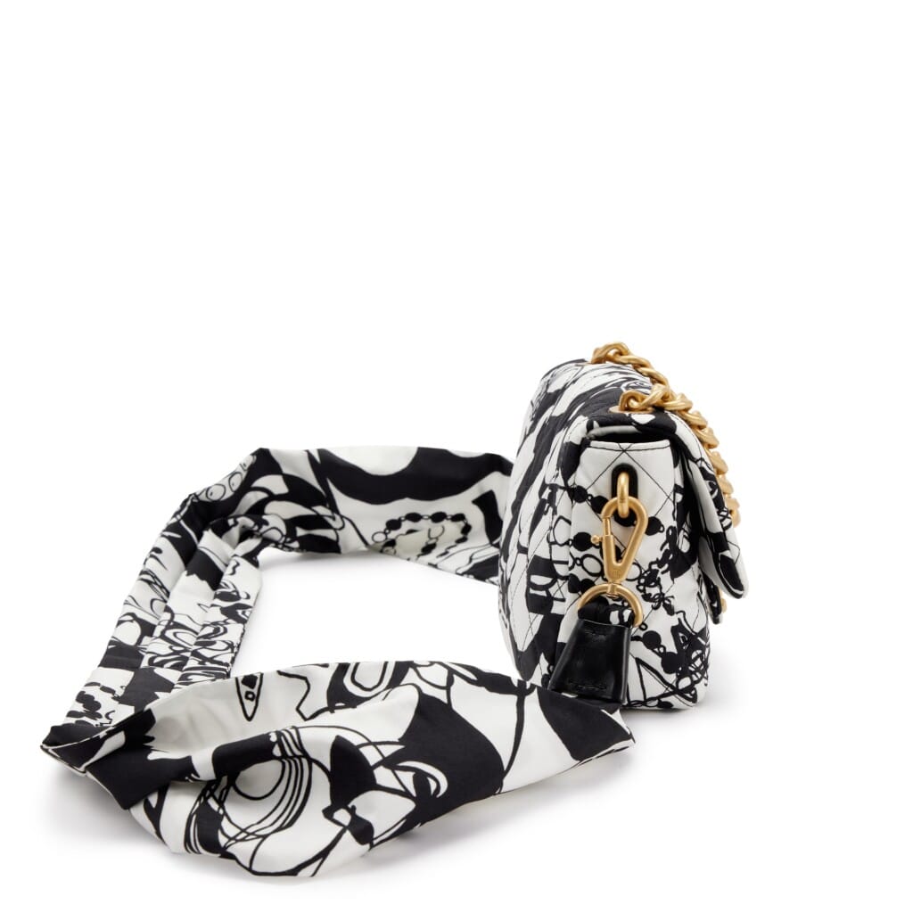 Black and White Quilted Printed Fabric Mini Flap Gold Hardware, 2022