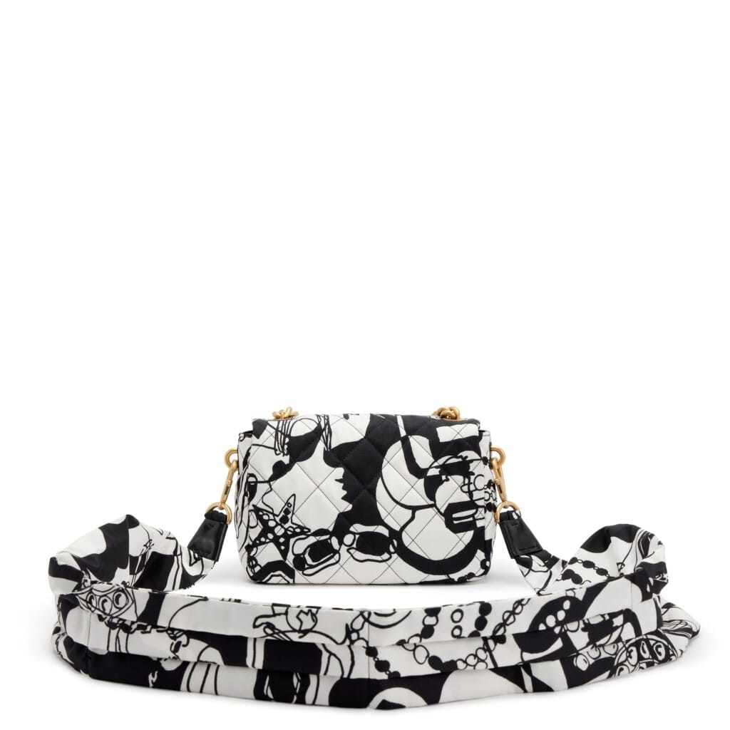 Black and White Quilted Printed Fabric Mini Flap Gold Hardware, 2022