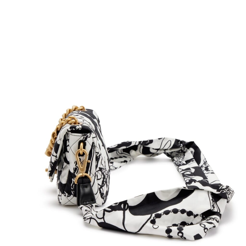 Black and White Quilted Printed Fabric Mini Flap Gold Hardware, 2022