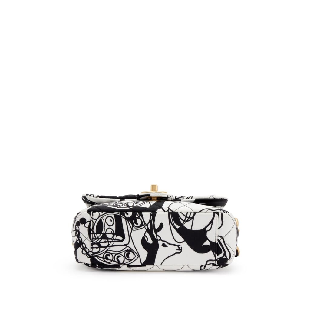 Black and White Quilted Printed Fabric Mini Flap Gold Hardware, 2022