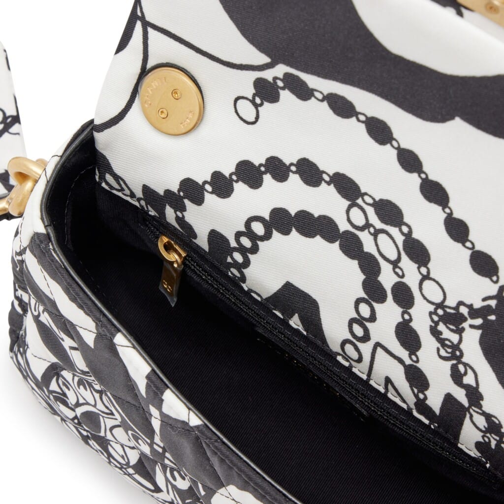 Black and White Quilted Printed Fabric Mini Flap Gold Hardware, 2022