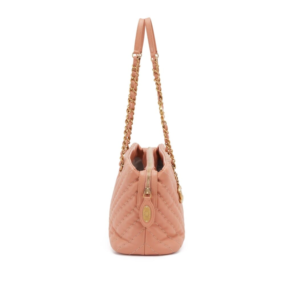 Peach Chevron Quilted Calfskin Medallion Charm Tote Gold Hardware, 2012
