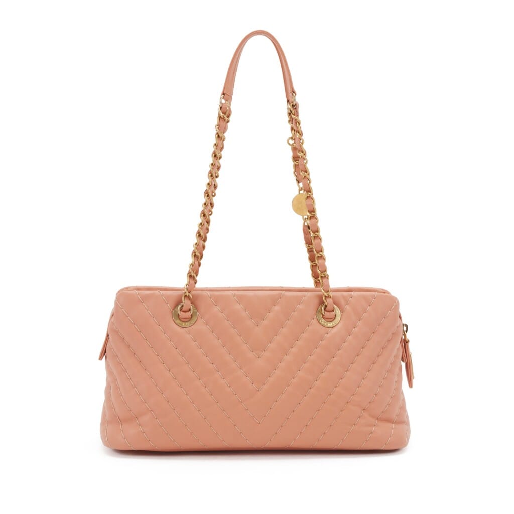 Peach Chevron Quilted Calfskin Medallion Charm Tote Gold Hardware, 2012