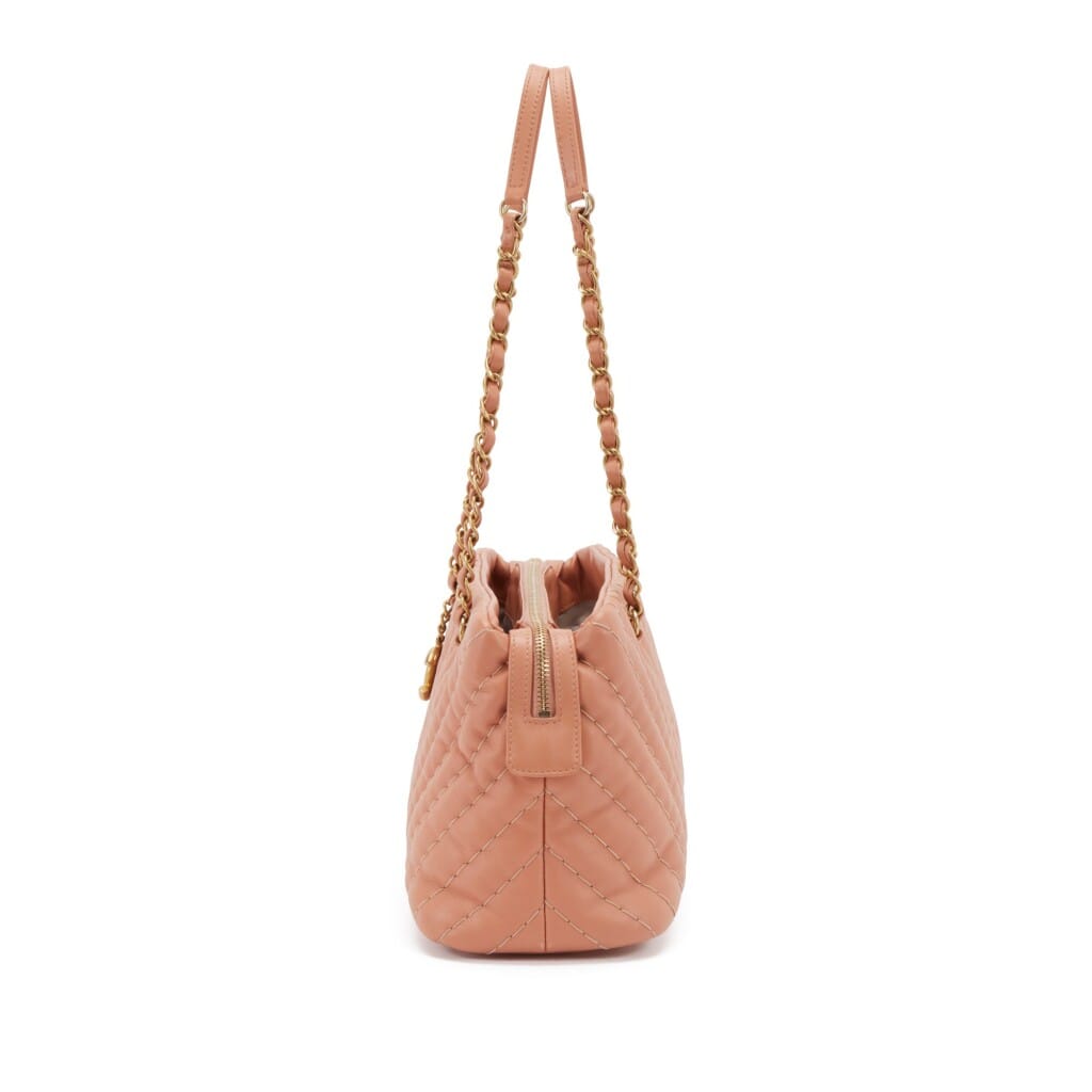 Peach Chevron Quilted Calfskin Medallion Charm Tote Gold Hardware, 2012