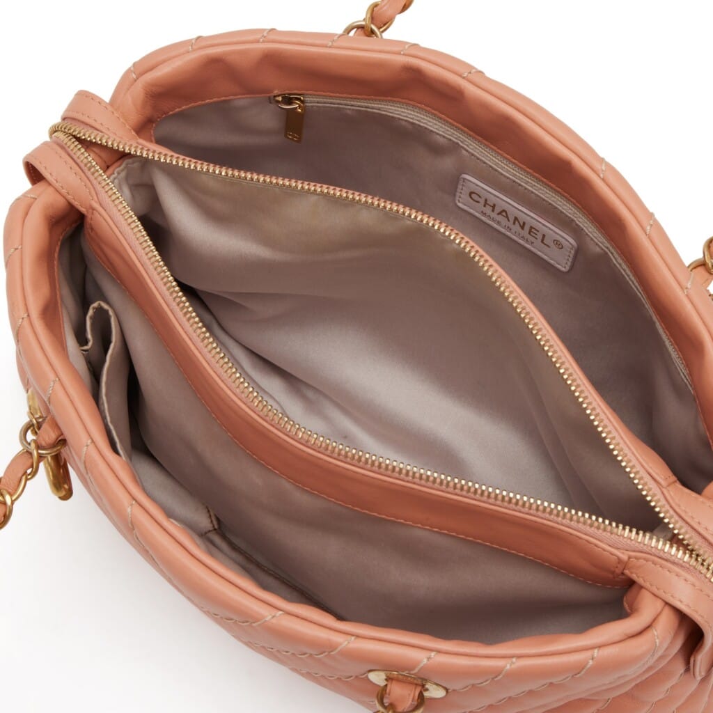 Peach Chevron Quilted Calfskin Medallion Charm Tote Gold Hardware, 2012