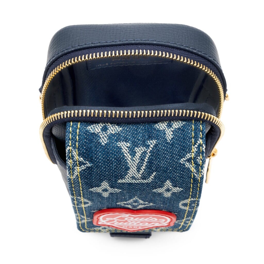 Virgil Abloh NIGO Blue Monogram Denim & Leather Flat Double Phone Pouch Gold Hardware, 2021