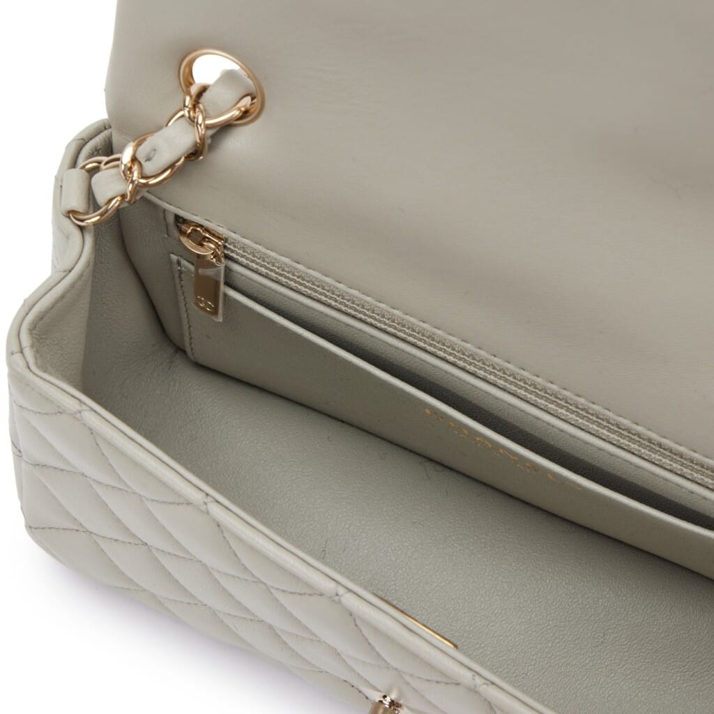 Light Grey Quilted Lambskin Mini Classic Flap Bag Light Gold Hardware, 2022