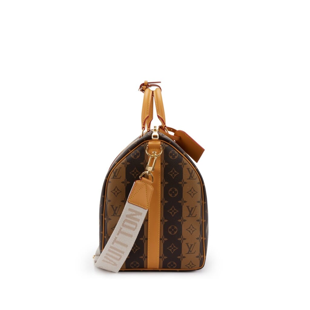 Virgil Abloh NIGO Brown Monogram Stripes Coated Canvas Keepall Bandoulière 50 Gold Hardware, 2021