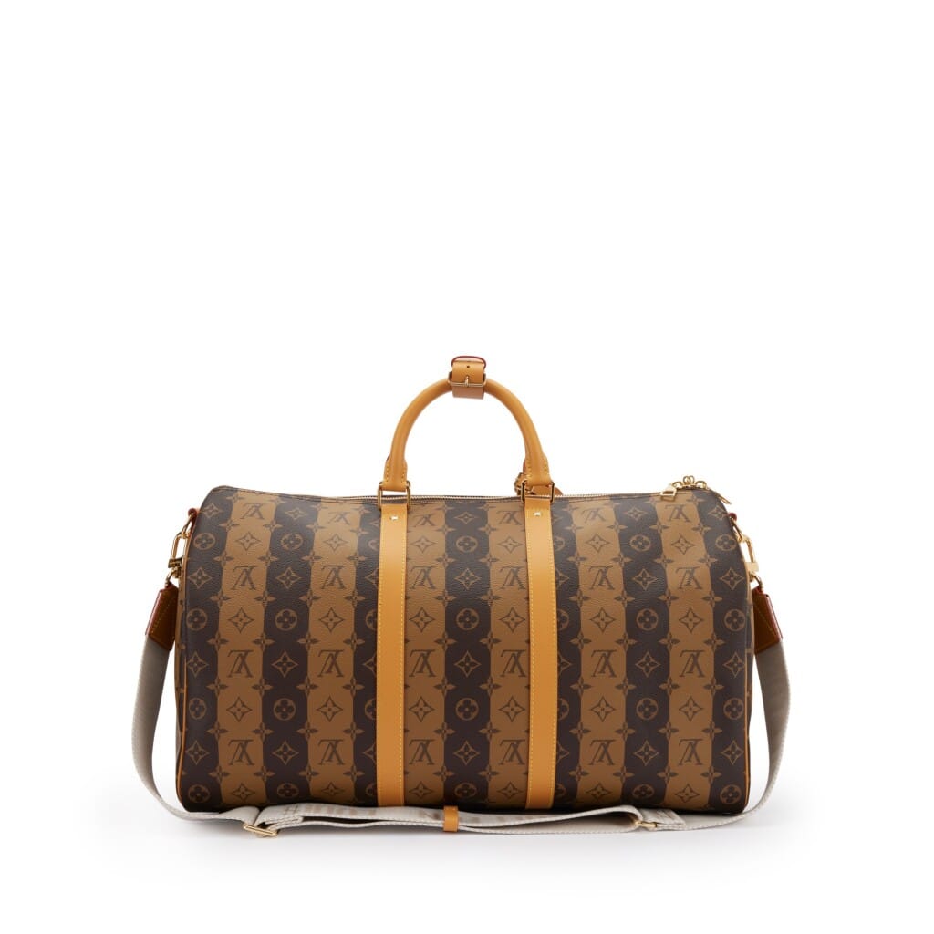Virgil Abloh NIGO Brown Monogram Stripes Coated Canvas Keepall Bandoulière 50 Gold Hardware, 2021
