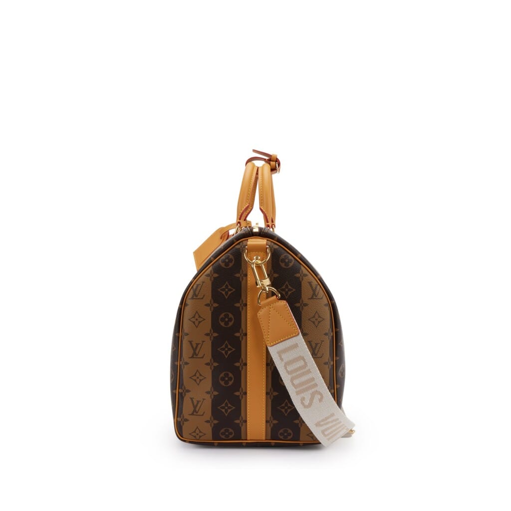 Virgil Abloh NIGO Brown Monogram Stripes Coated Canvas Keepall Bandoulière 50 Gold Hardware, 2021