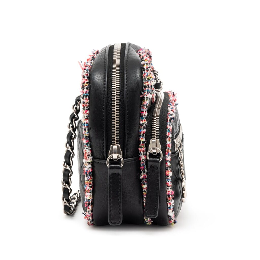 Black Quilted Lambskin and Multicolor Tweed Elegant Trim Camera Bag Silver Hardware, 2019