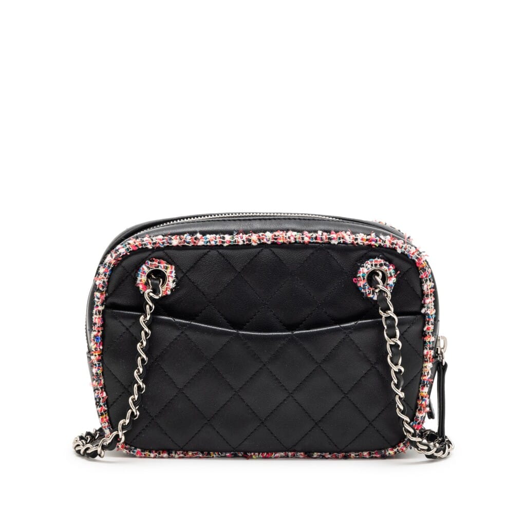 Black Quilted Lambskin and Multicolor Tweed Elegant Trim Camera Bag Silver Hardware, 2019