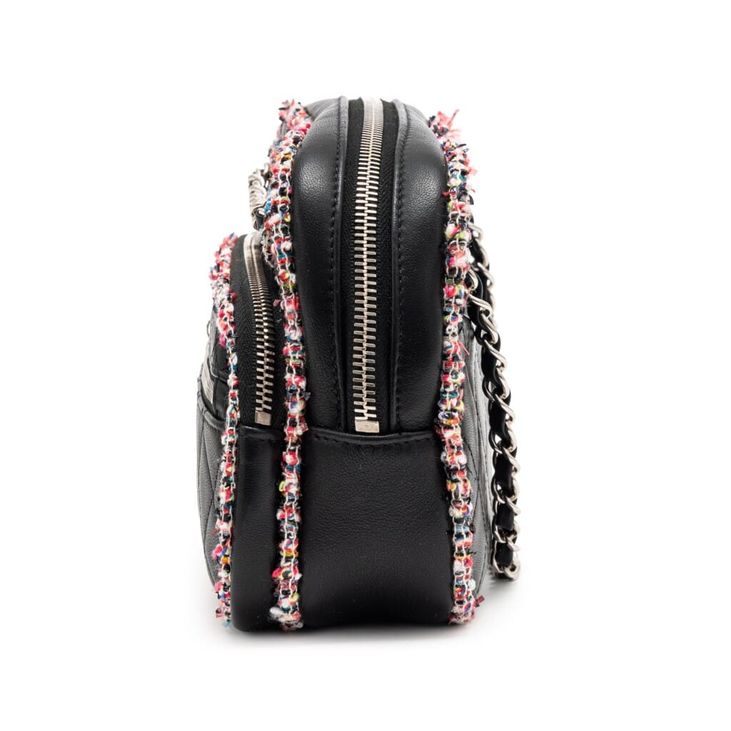 Black Quilted Lambskin and Multicolor Tweed Elegant Trim Camera Bag Silver Hardware, 2019