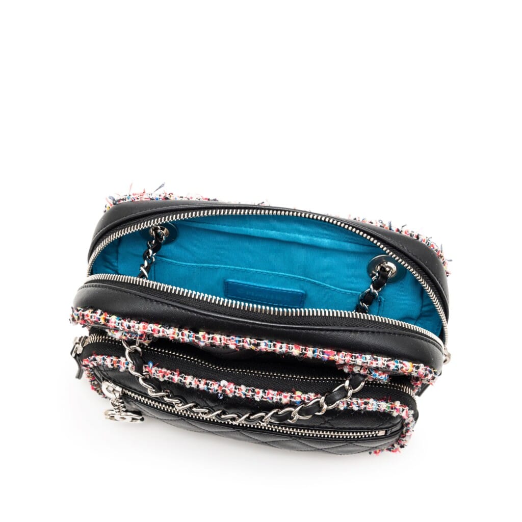 Black Quilted Lambskin and Multicolor Tweed Elegant Trim Camera Bag Silver Hardware, 2019