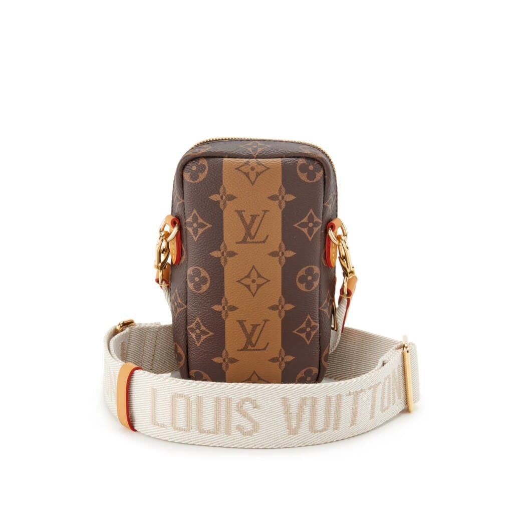 Virgil Abloh NIGO Brown Monogram Striped Coated Canvas Flap Double Phone Pouch Gold Hardware, 2021