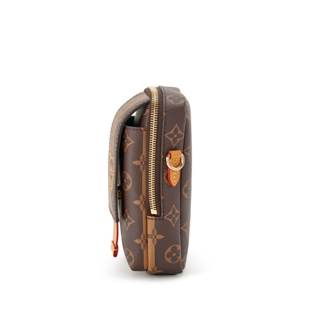 Virgil Abloh NIGO Brown Monogram Striped Coated Canvas Flap Double Phone Pouch Gold Hardware, 2021