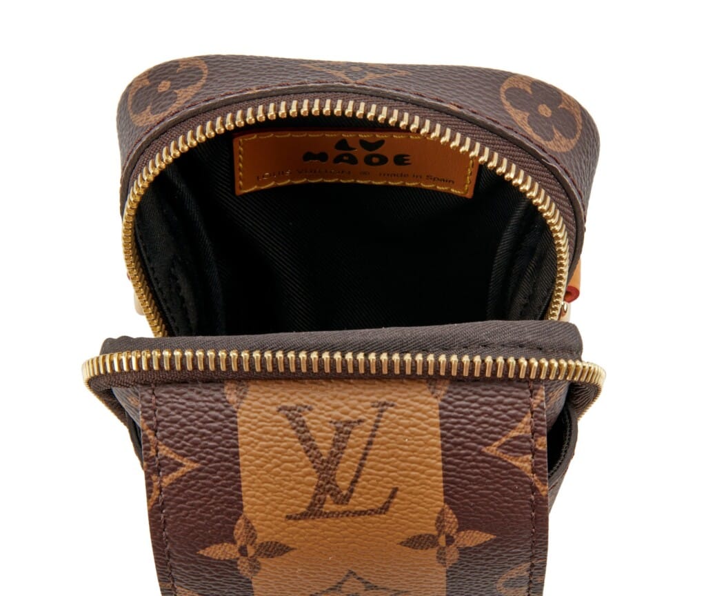 Virgil Abloh NIGO Brown Monogram Striped Coated Canvas Flap Double Phone Pouch Gold Hardware, 2021