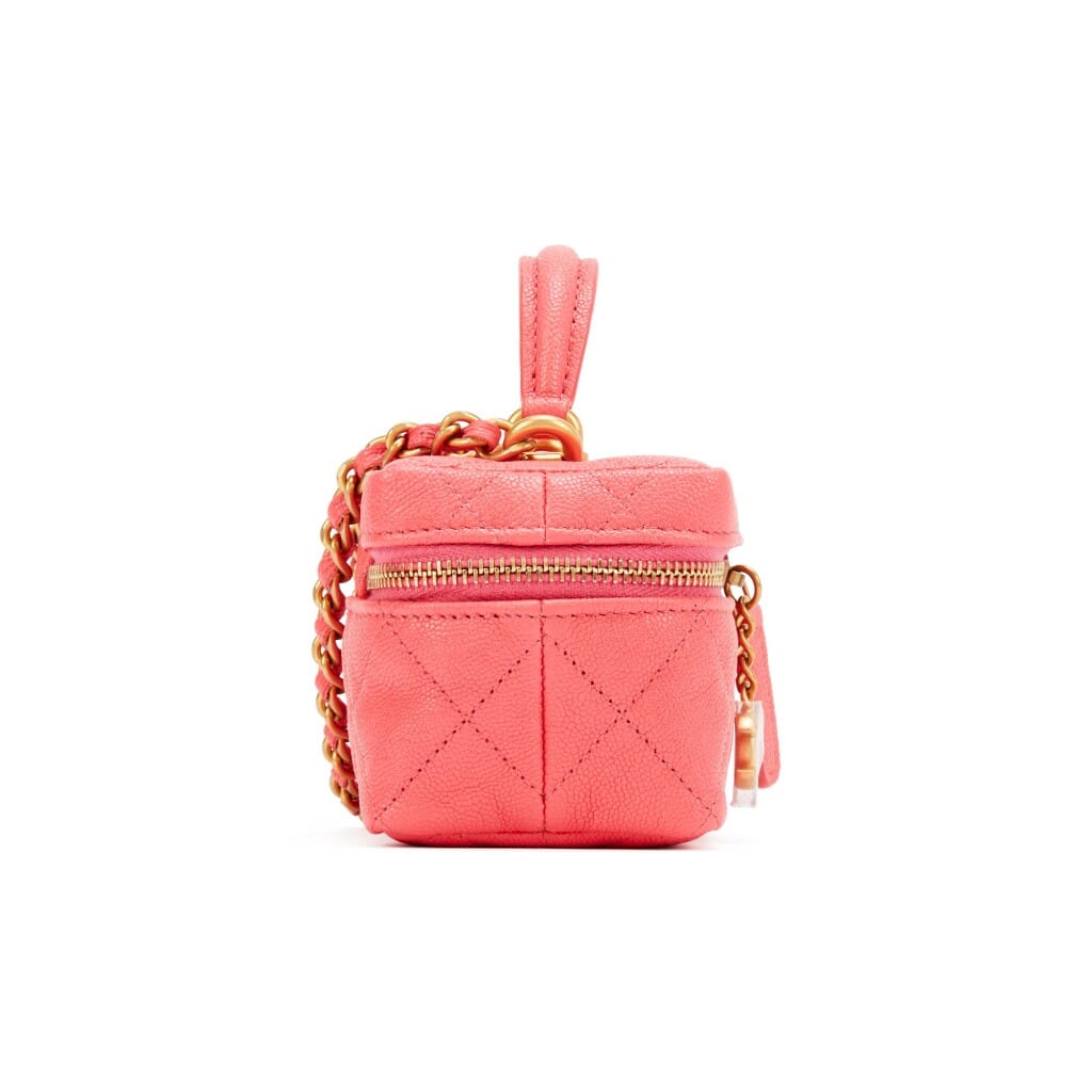 Pink Quilted Grained Calfskin Mini Vanity Case with Chain Gold Hardware, 2021