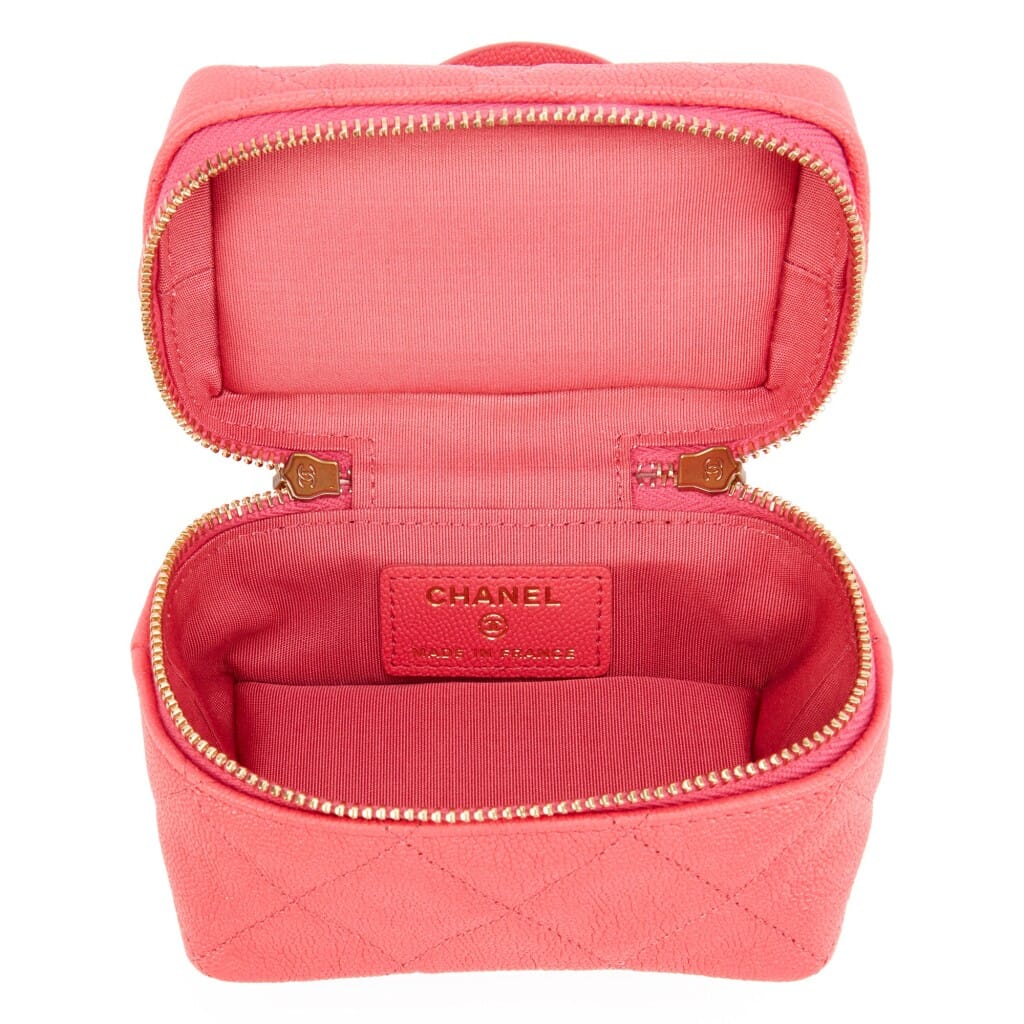 Pink Quilted Grained Calfskin Mini Vanity Case with Chain Gold Hardware, 2021