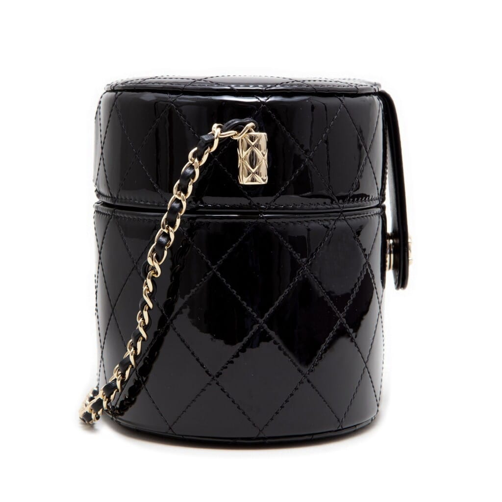 Black Quilted Patent Lambskin Small Vanity with Chain Pale Gold Hardware, 2020