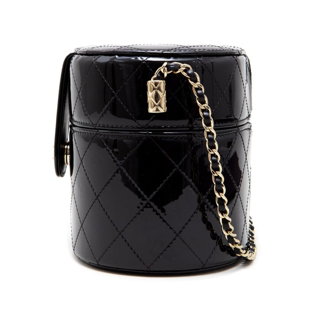Black Quilted Patent Lambskin Small Vanity with Chain Pale Gold Hardware, 2020