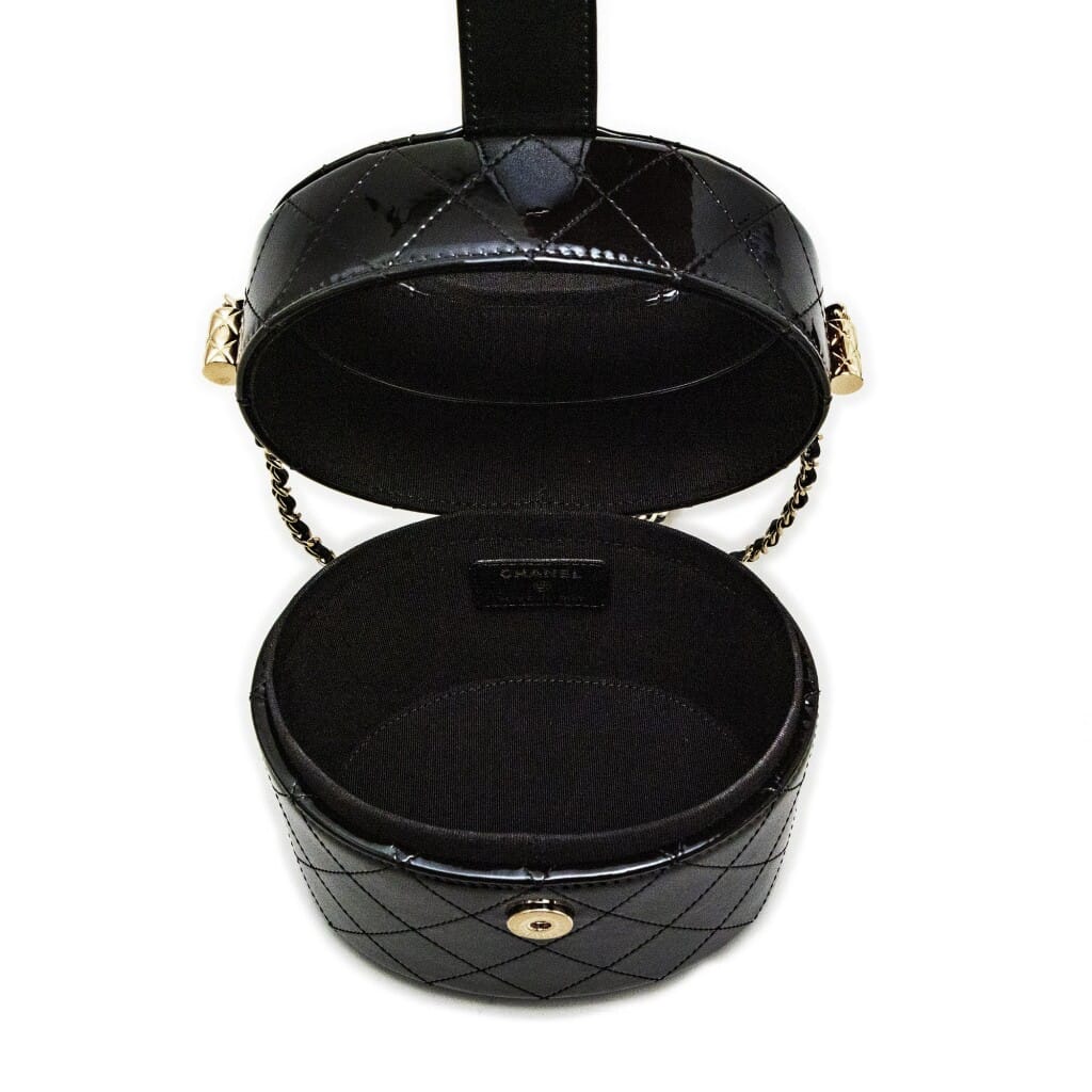 Black Quilted Patent Lambskin Small Vanity with Chain Pale Gold Hardware, 2020