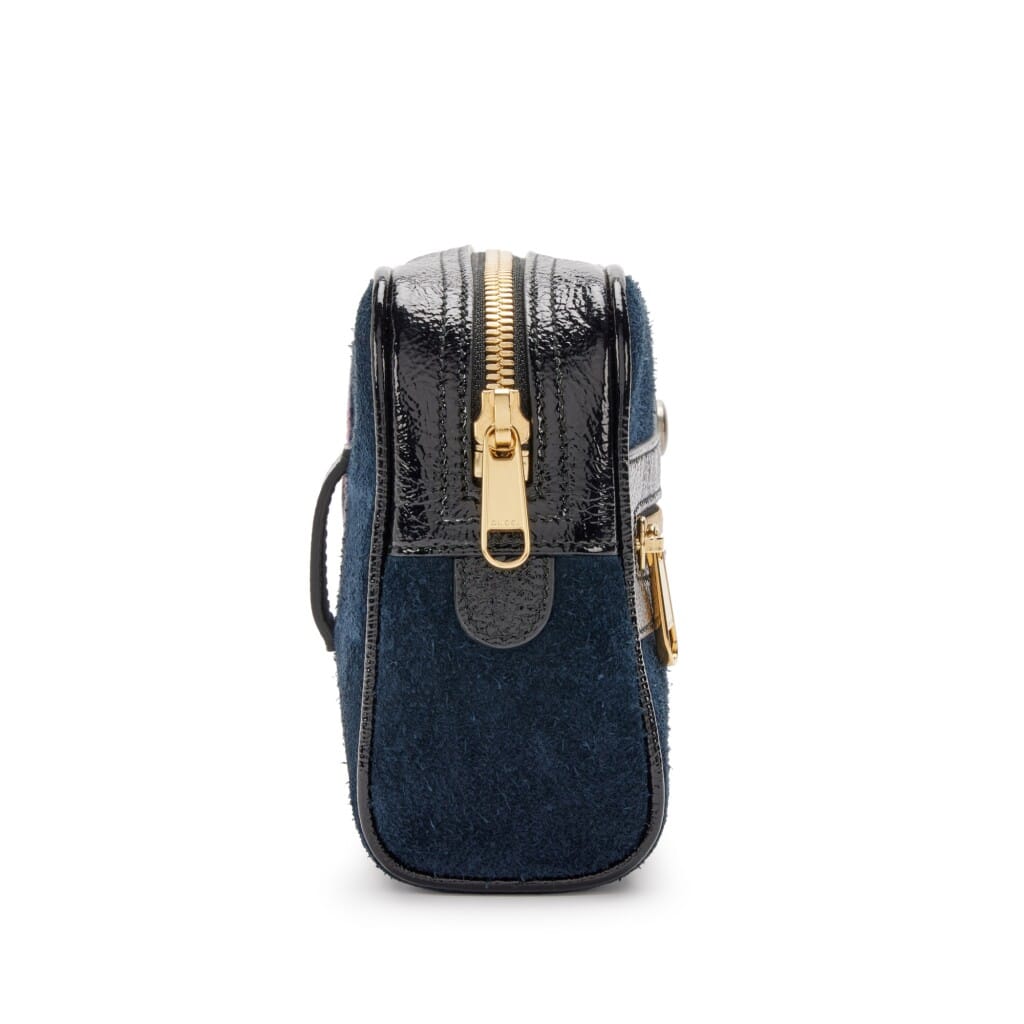 Navy Suede and Black Patent Leather Small Ophidia Banane Waist Bag Gold Hardware