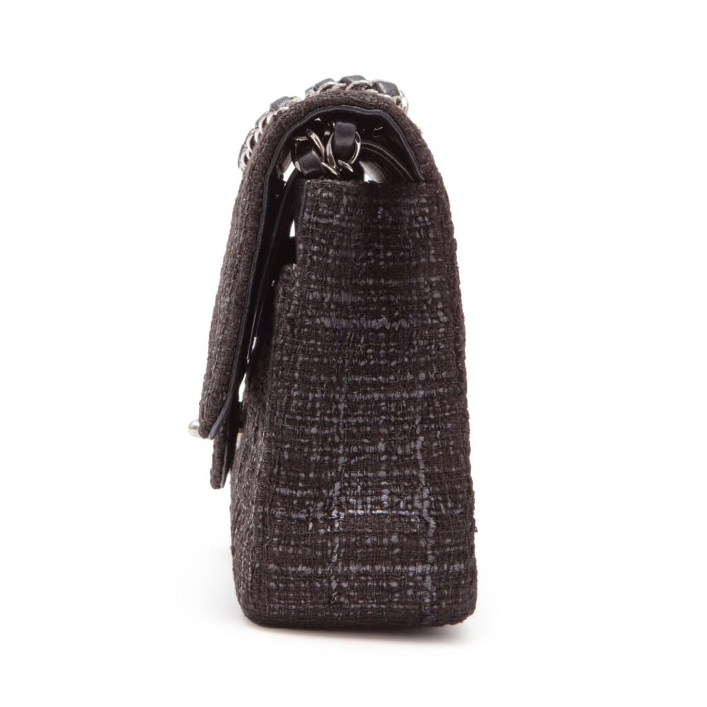Black Quilted Tweed Medium Double Flap Bag Silver Hardware, 2005