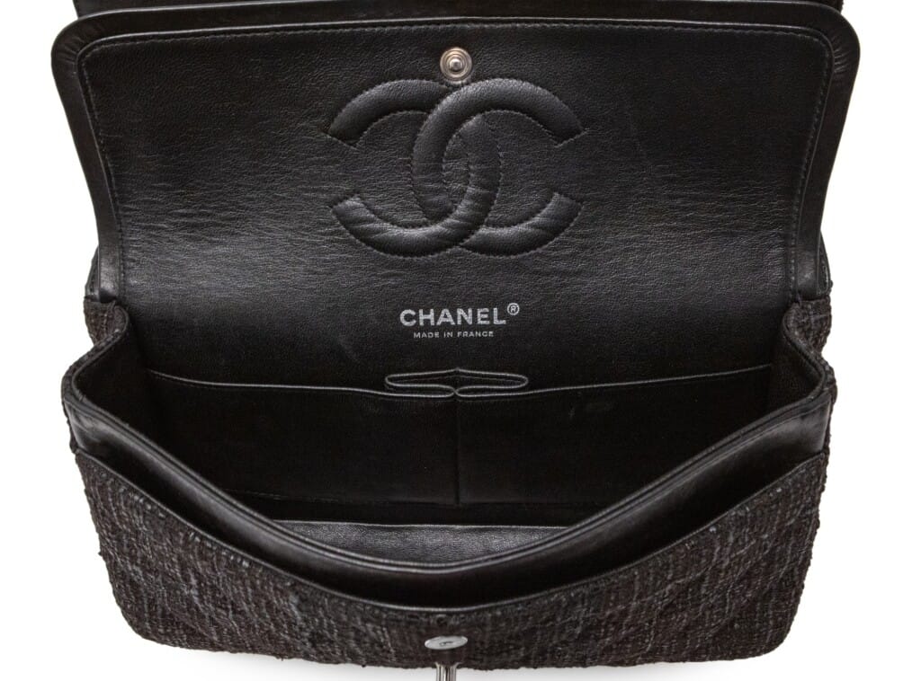 Black Quilted Tweed Medium Double Flap Bag Silver Hardware, 2005