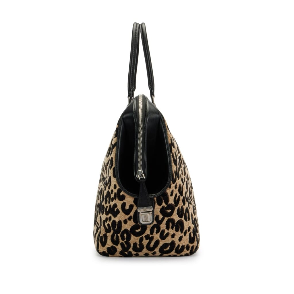 Stephen Sprouse Tan and Black Leopard Chenille and Leather North-South Bag Silver Hardware, 2012
