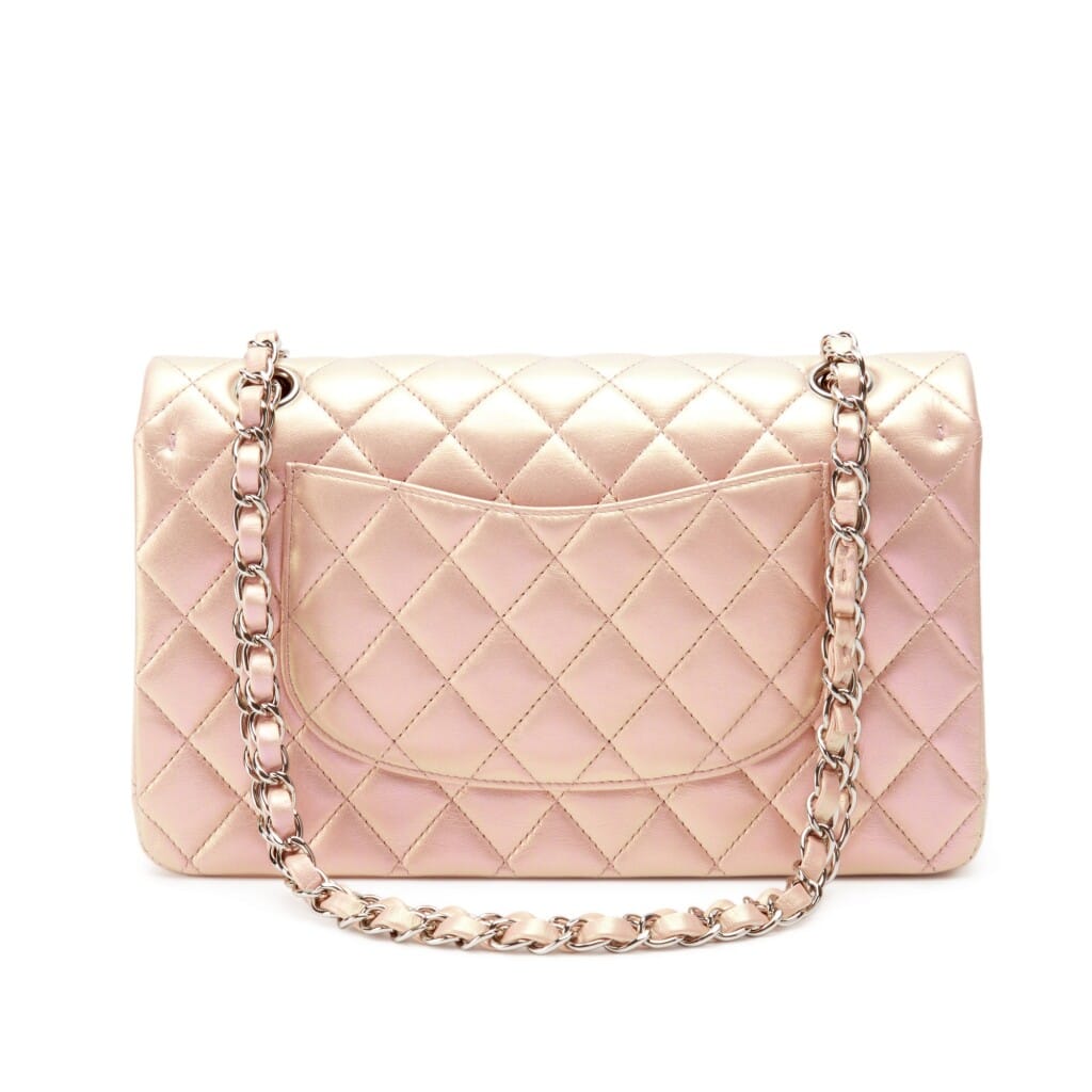 Iridescent Pink Quilted Lambskin Medium Classic Double Flap Silver Hardware, 2021