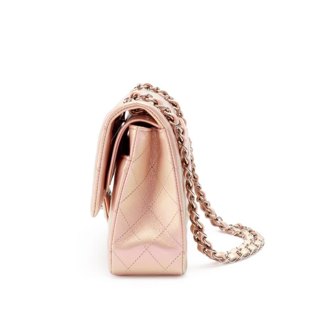Iridescent Pink Quilted Lambskin Medium Classic Double Flap Silver Hardware, 2021