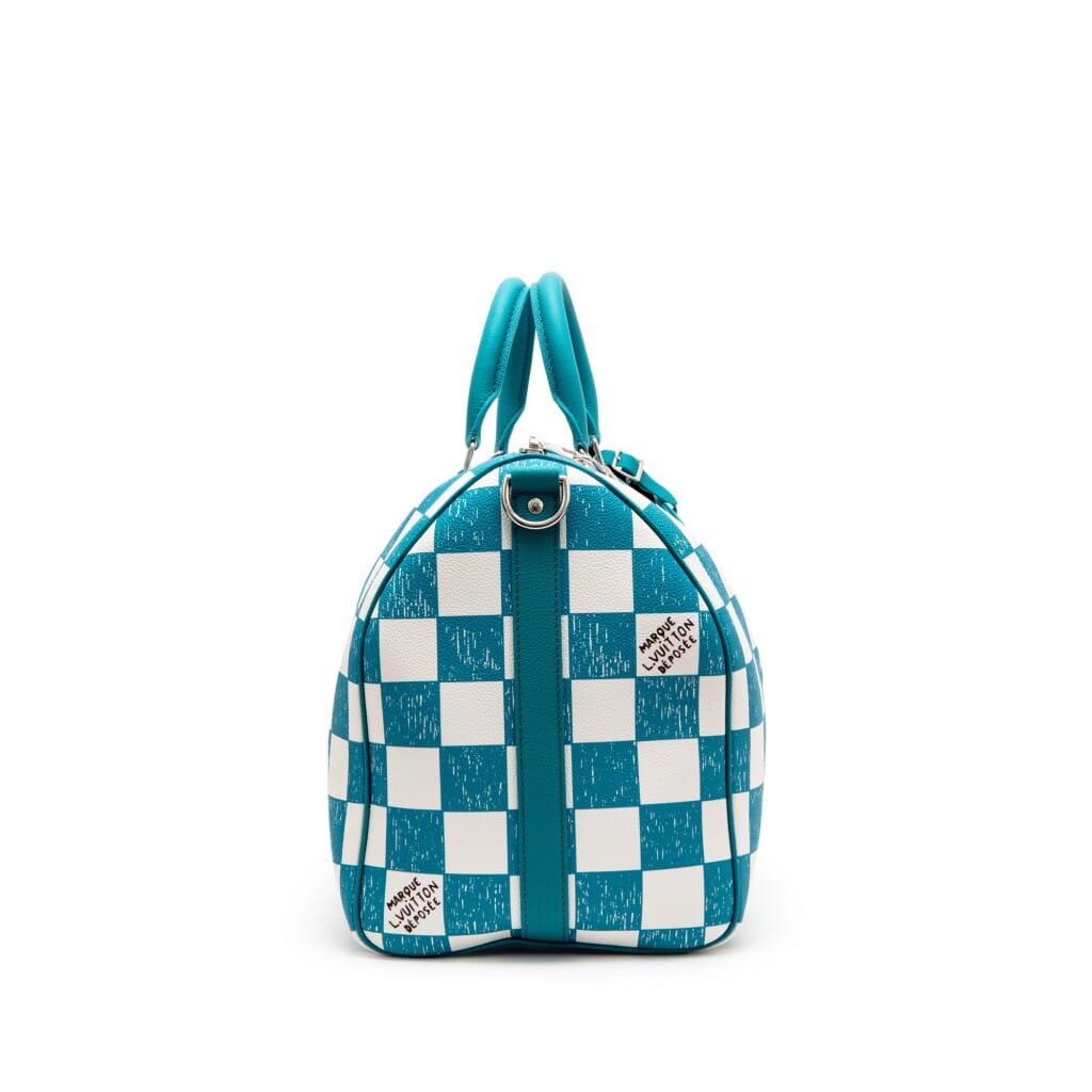 Virgil Abloh Teal and White Damier Leather Marque Déposée Keepall Bandoulière 45 Silver Hardware, 2021