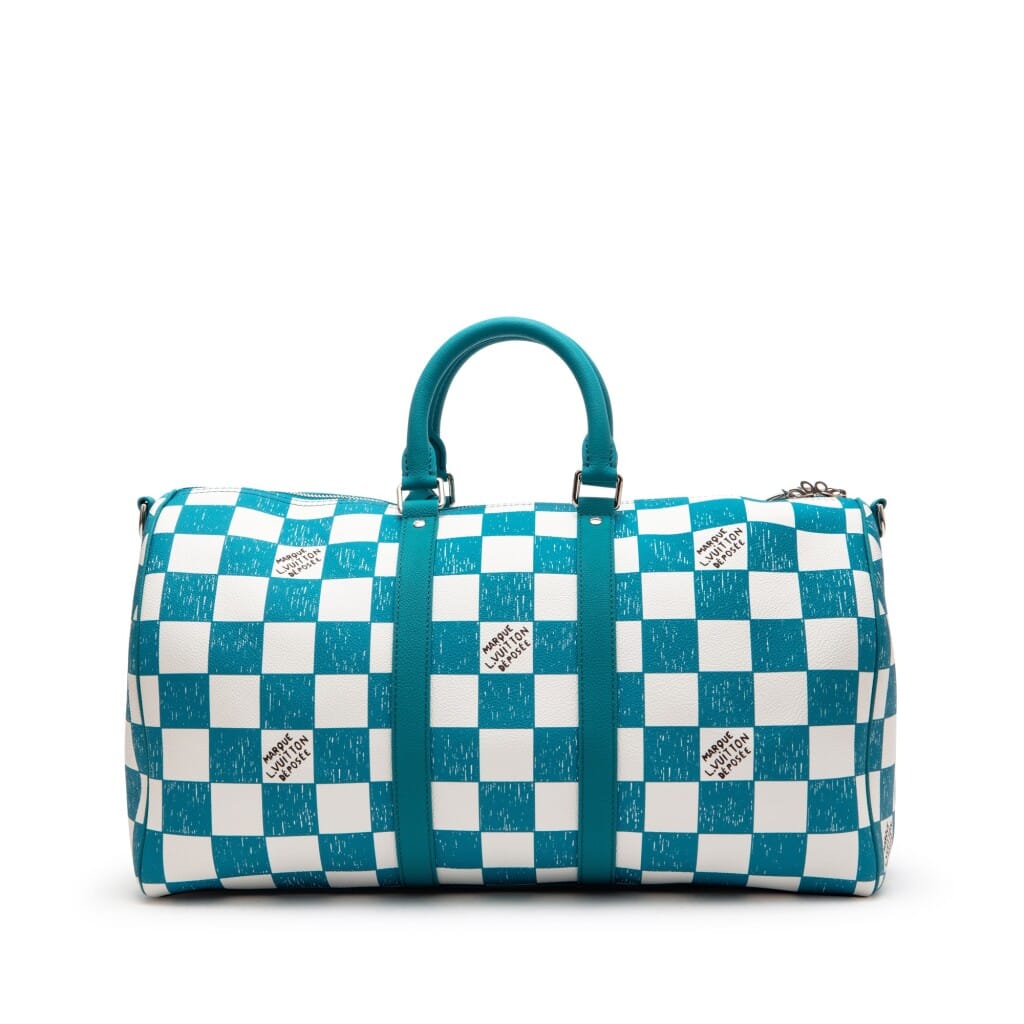 Virgil Abloh Teal and White Damier Leather Marque Déposée Keepall Bandoulière 45 Silver Hardware, 2021