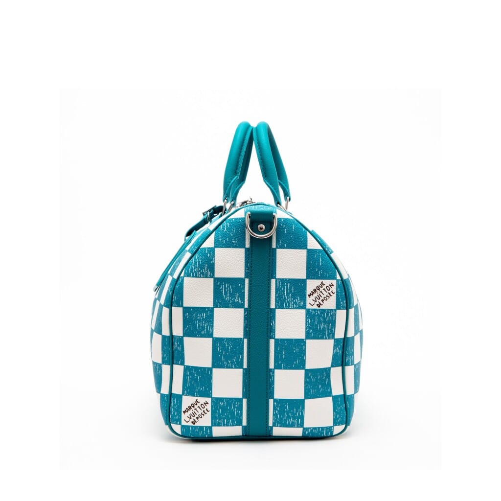 Virgil Abloh Teal and White Damier Leather Marque Déposée Keepall Bandoulière 45 Silver Hardware, 2021