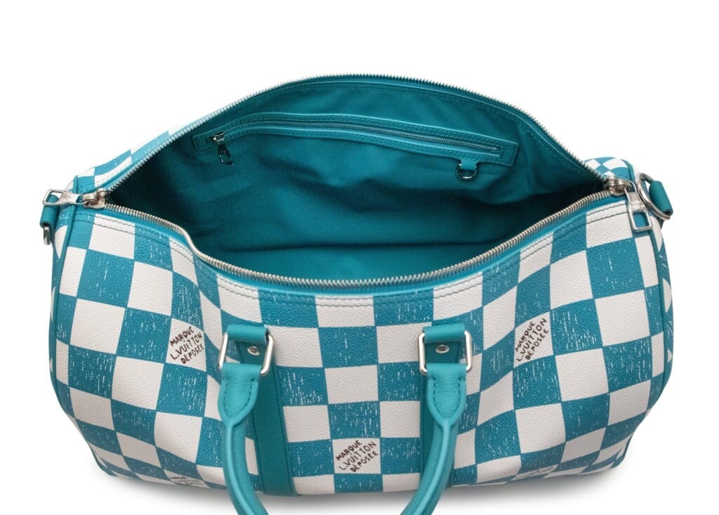 Virgil Abloh Teal and White Damier Leather Marque Déposée Keepall Bandoulière 45 Silver Hardware, 2021