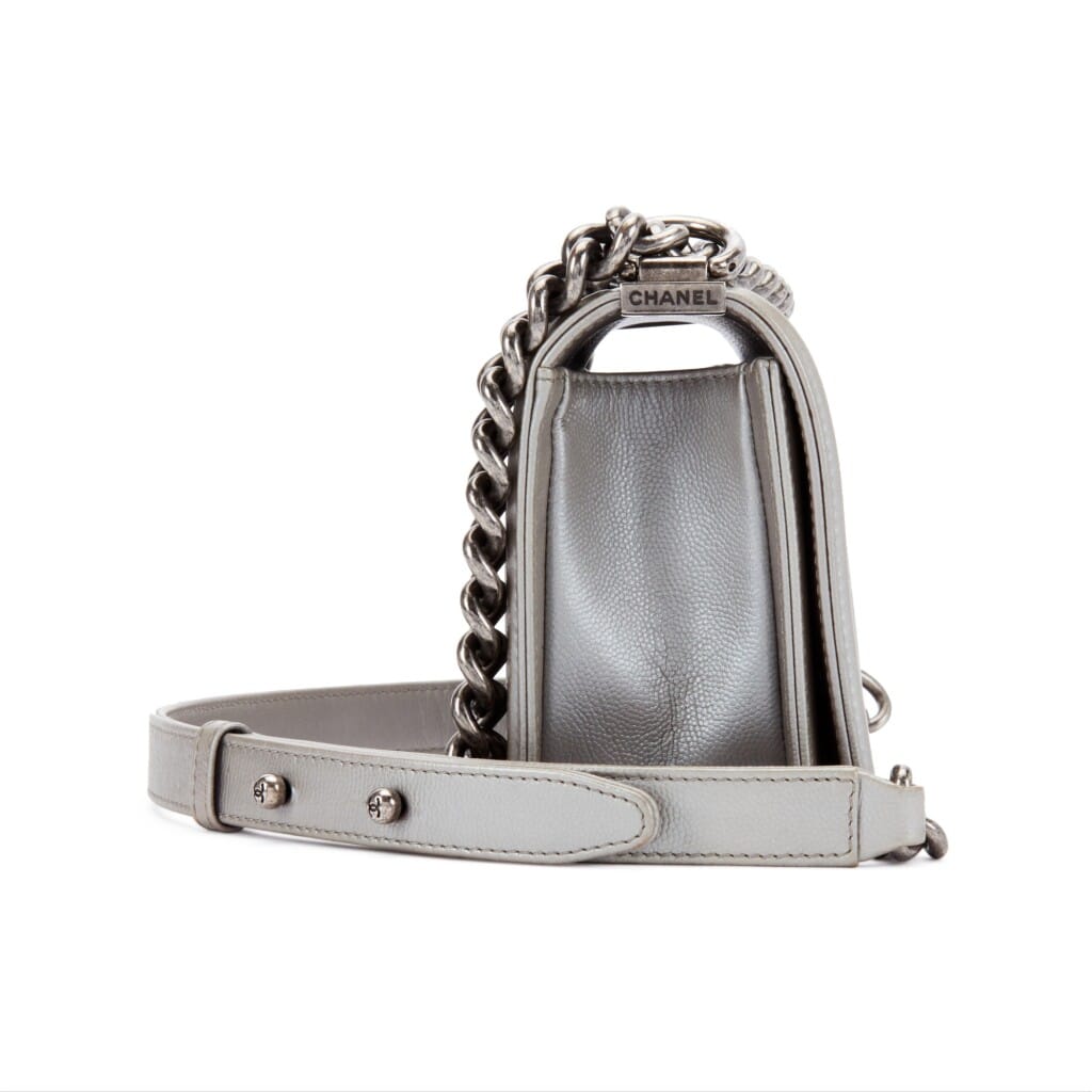 Metallic Silver Quilted Chevron Caviar Small Boy Bag Ruthenium Hardware, 2016