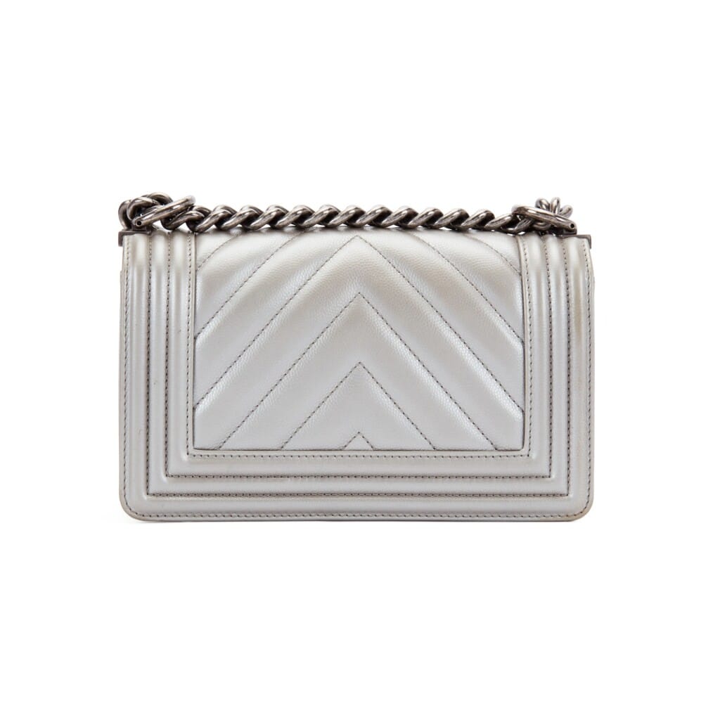 Metallic Silver Quilted Chevron Caviar Small Boy Bag Ruthenium Hardware, 2016