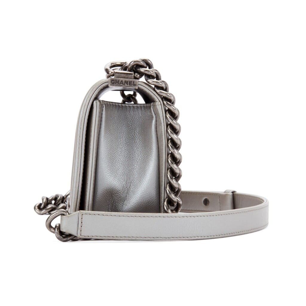 Metallic Silver Quilted Chevron Caviar Small Boy Bag Ruthenium Hardware, 2016