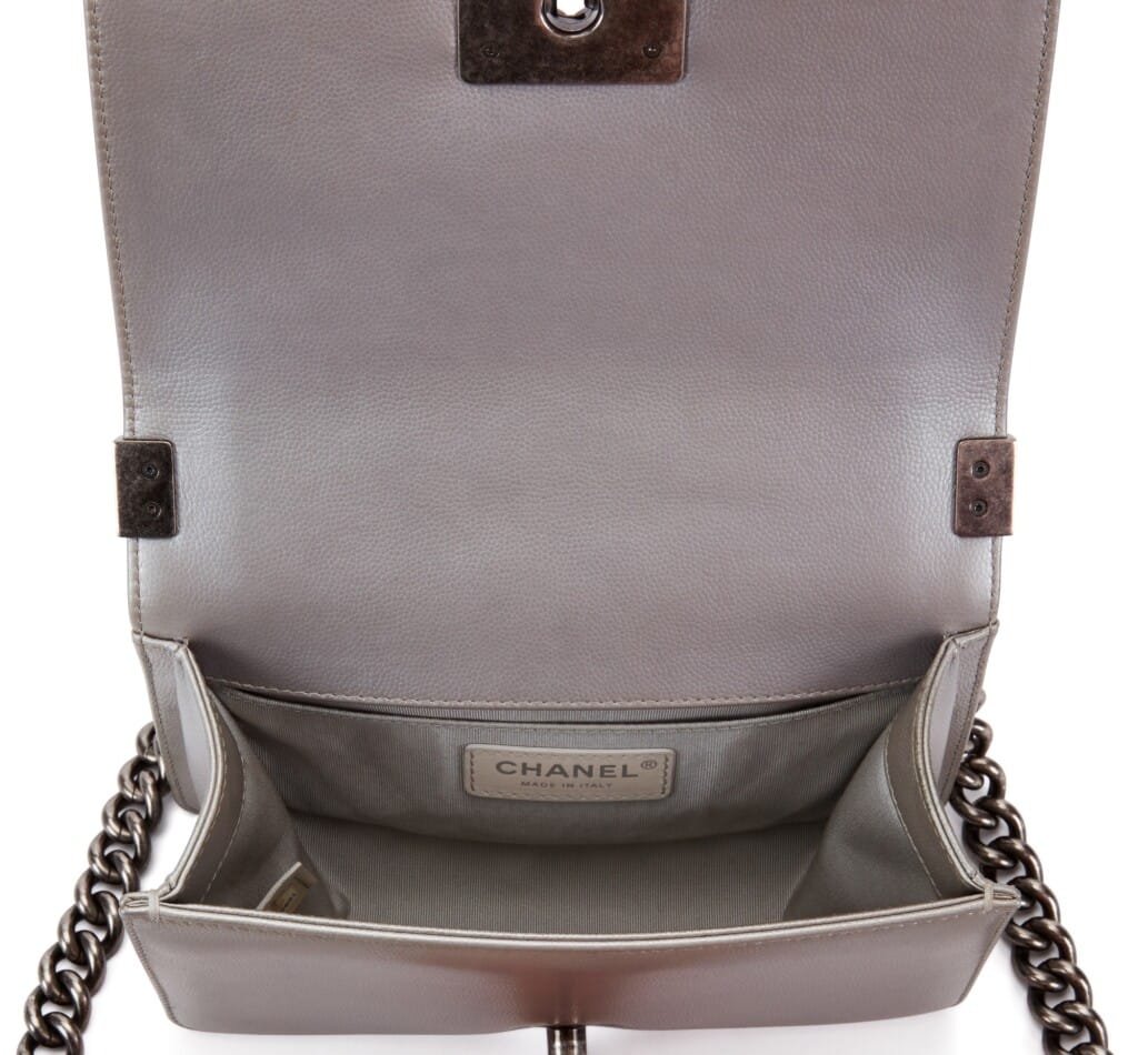 Metallic Silver Quilted Chevron Caviar Small Boy Bag Ruthenium Hardware, 2016