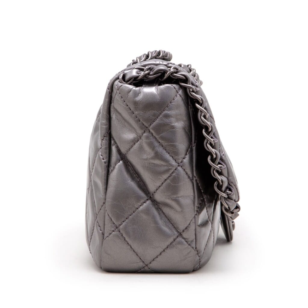 Metallic Silver Quilted Aged Calfskin Jumbo Chain Single Flap Ruthenium Hardware, 2012