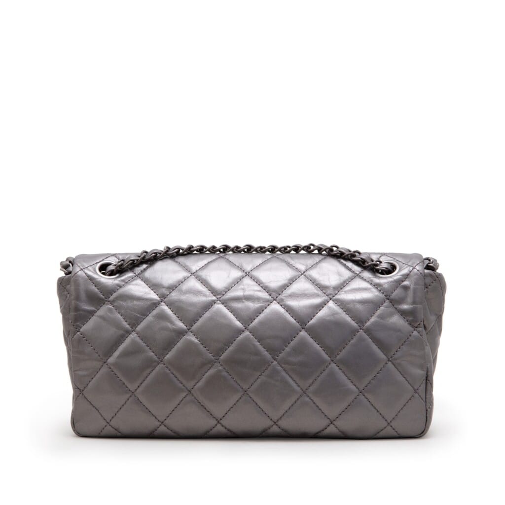Metallic Silver Quilted Aged Calfskin Jumbo Chain Single Flap Ruthenium Hardware, 2012
